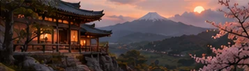 Un temple japonais et des cerisiers au coucher du soleil