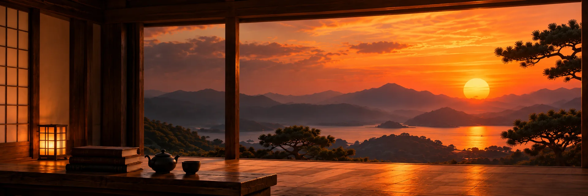 Intérieur d’un temple japonais ouvert sur les montagnes au coucher du soleil