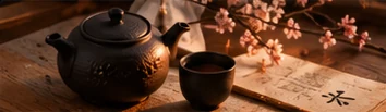 Une théière et des tasses sur une table en bois